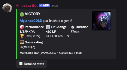 Ambessa Bot notification in Discord: victory, 1/8/9 KDA on Jax, +20 LP, Gold III, game rating 32/100